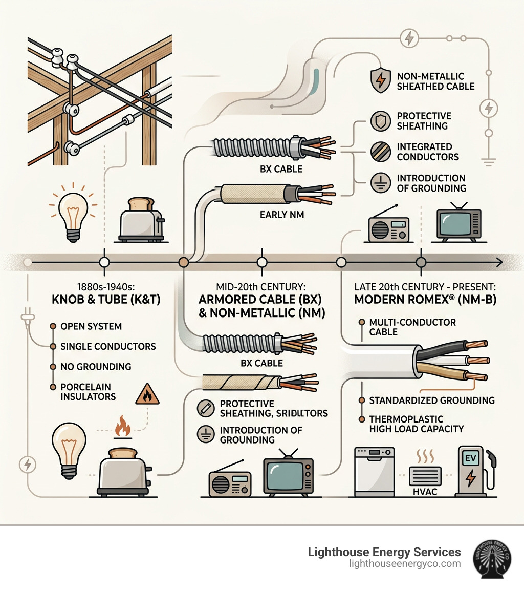 Timeline infographic of residential wiring methods from 1880s knob and tube to modern Romex - is tube and knob wiring safe