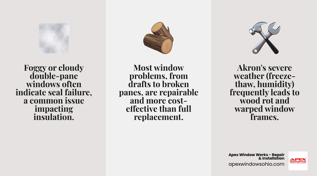Common window problems in Akron: foggy glass, wood rot, drafts, broken panes, and hardware failures with repair options