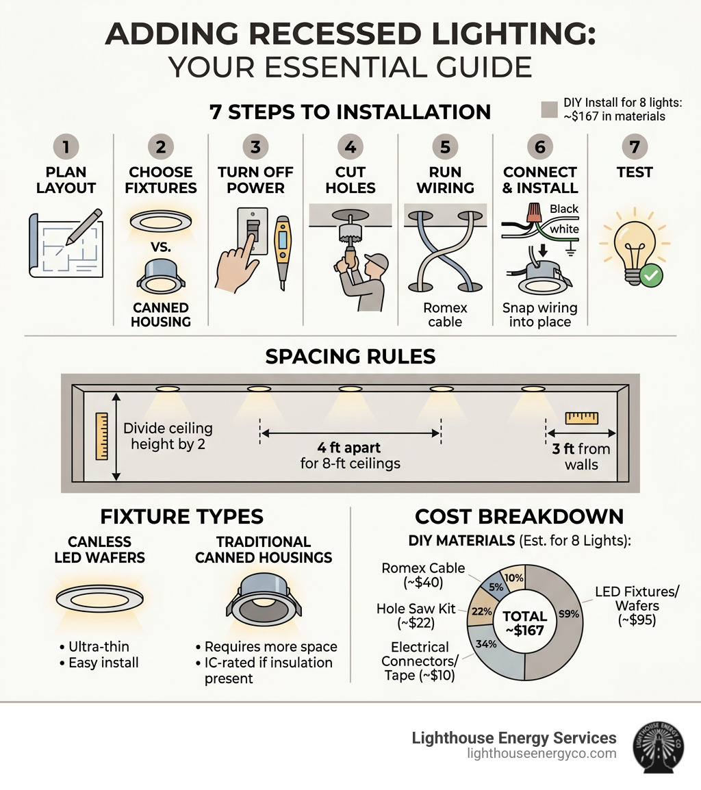 Infographic: 7 steps to adding can lights, spacing rules, fixture types, and cost breakdown - adding can lights infographic 