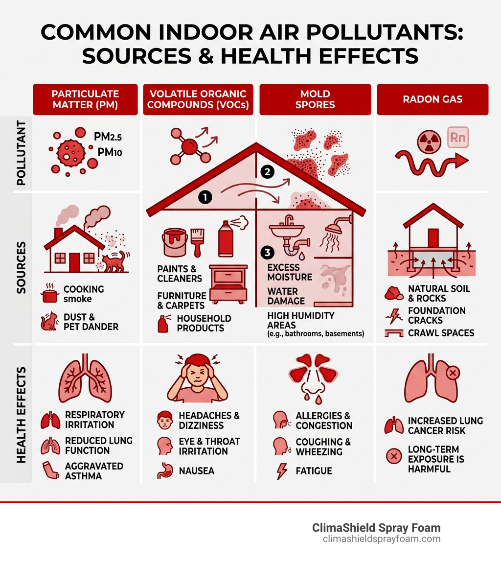 Common indoor air pollutants, their sources, and health effects - improve indoor air quality infographic 