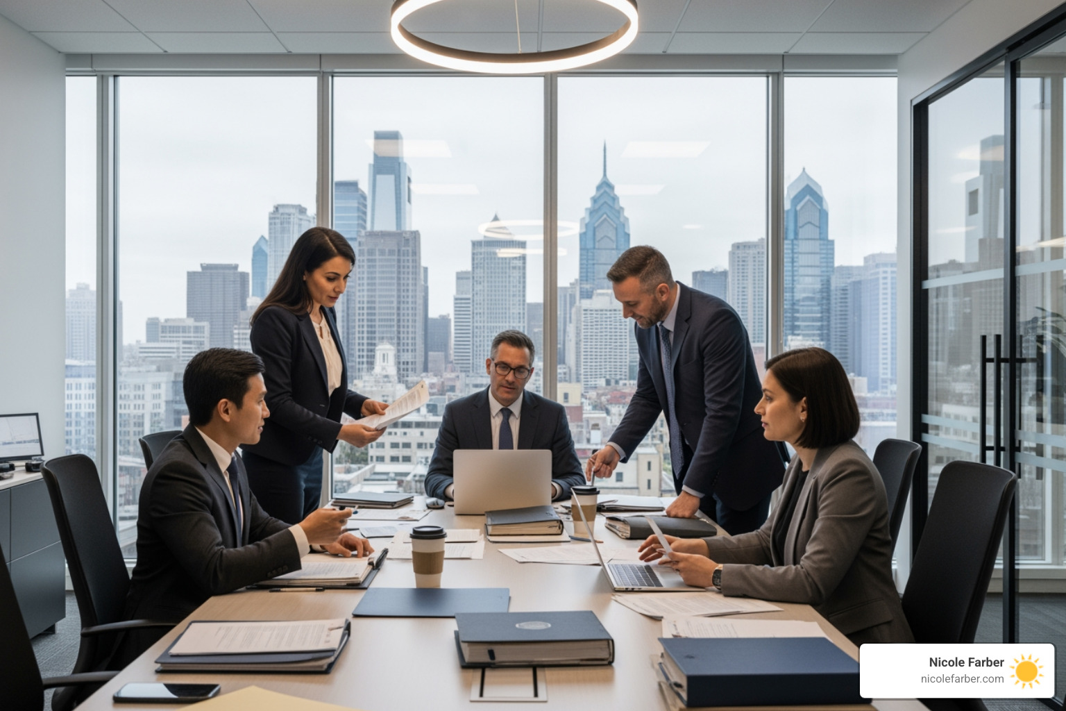 Modern law office in Philadelphia with attorneys collaborating - leadership training for lawyers