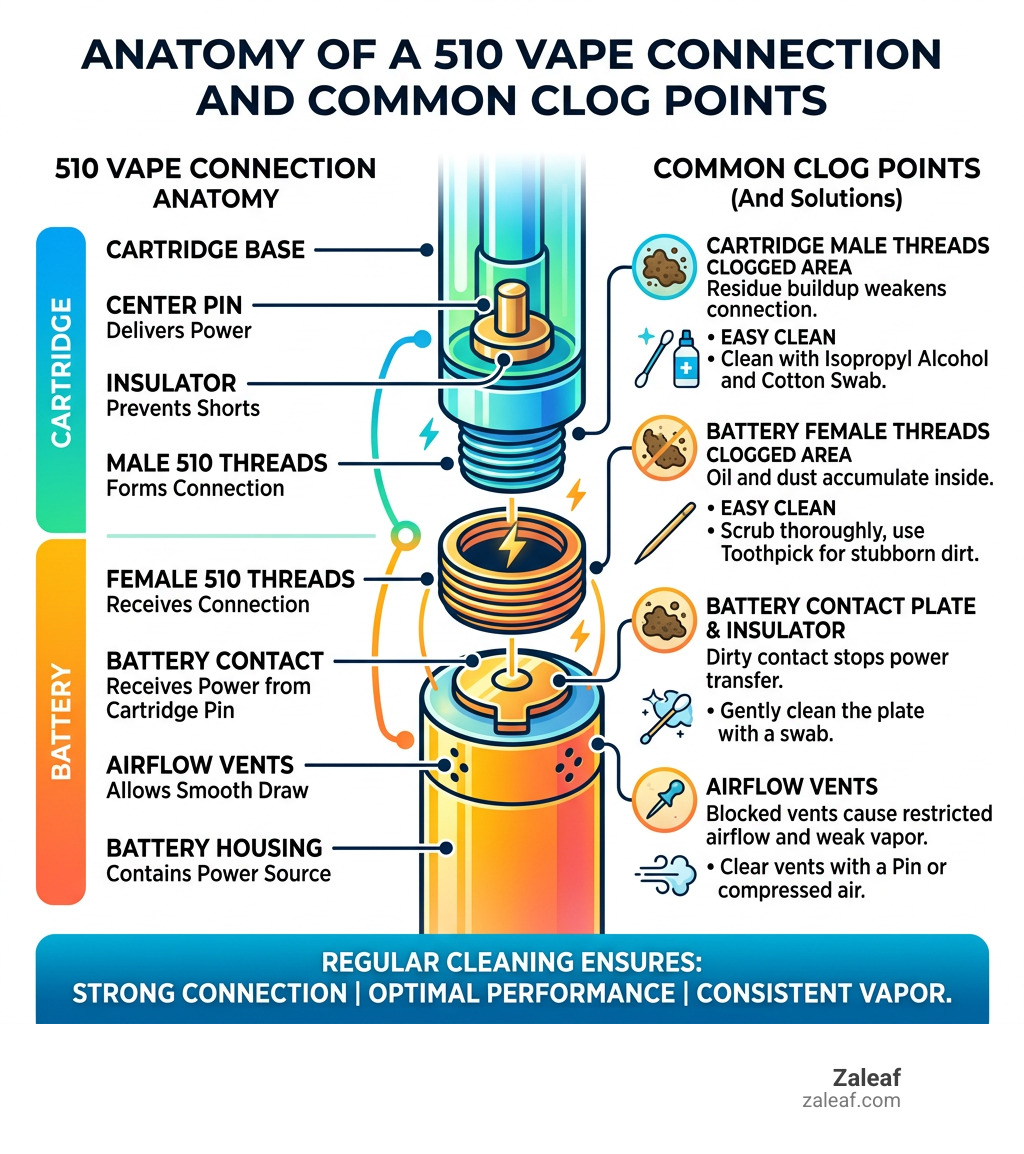 Anatomy of a 510 vape connection and common clog points infographic - how to clean threads infographic Anatomy of a 510 vape connection and common clog points infographic - how to clean threads infographic