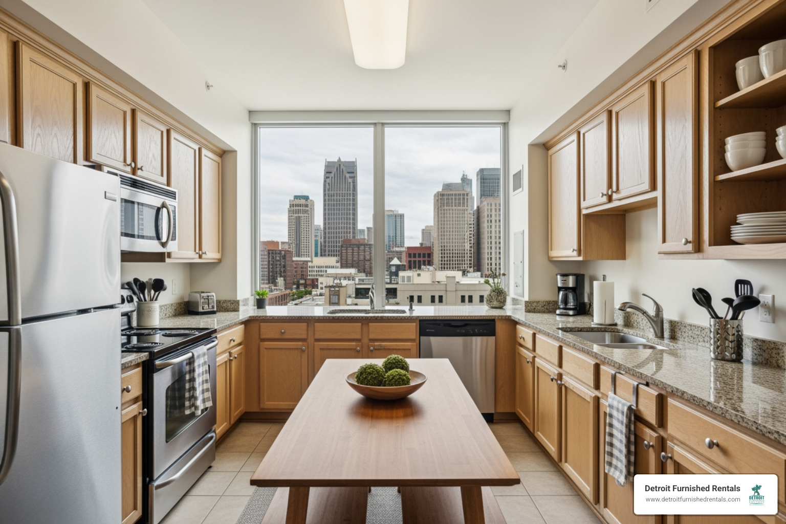 Fully equipped kitchen in a Midtown Detroit apartment - furnished apartments Midtown
