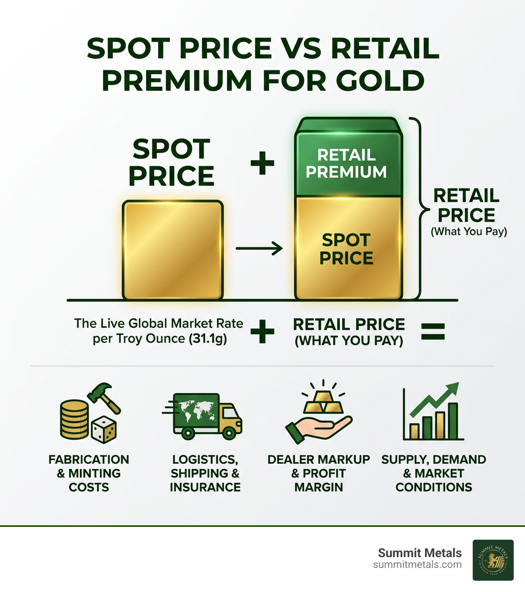 Infographic showing spot price vs retail premium for gold per troy ounce with key factors - spot price gold oz infographic Infographic showing spot price vs retail premium for gold per troy ounce with key factors - spot price gold oz infographic