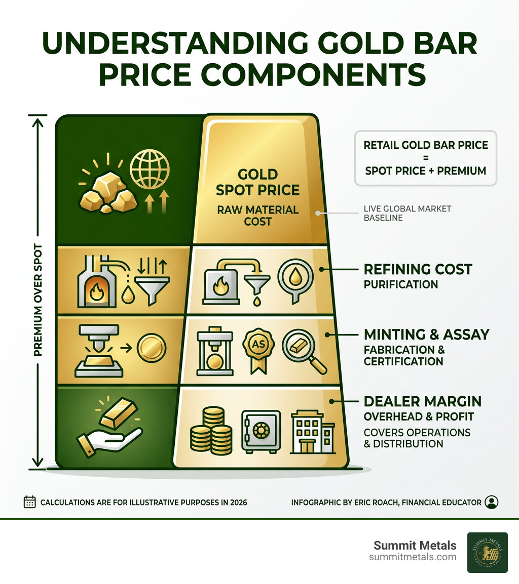 infographic showing spot price vs retail gold bar price components including refining minting and dealer margin - current