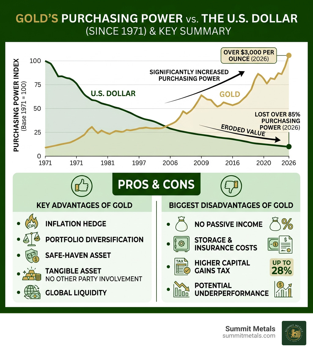 Infographic showing gold's purchasing power vs. the U.S. Dollar since 1971, key pros and cons summary - advantages and