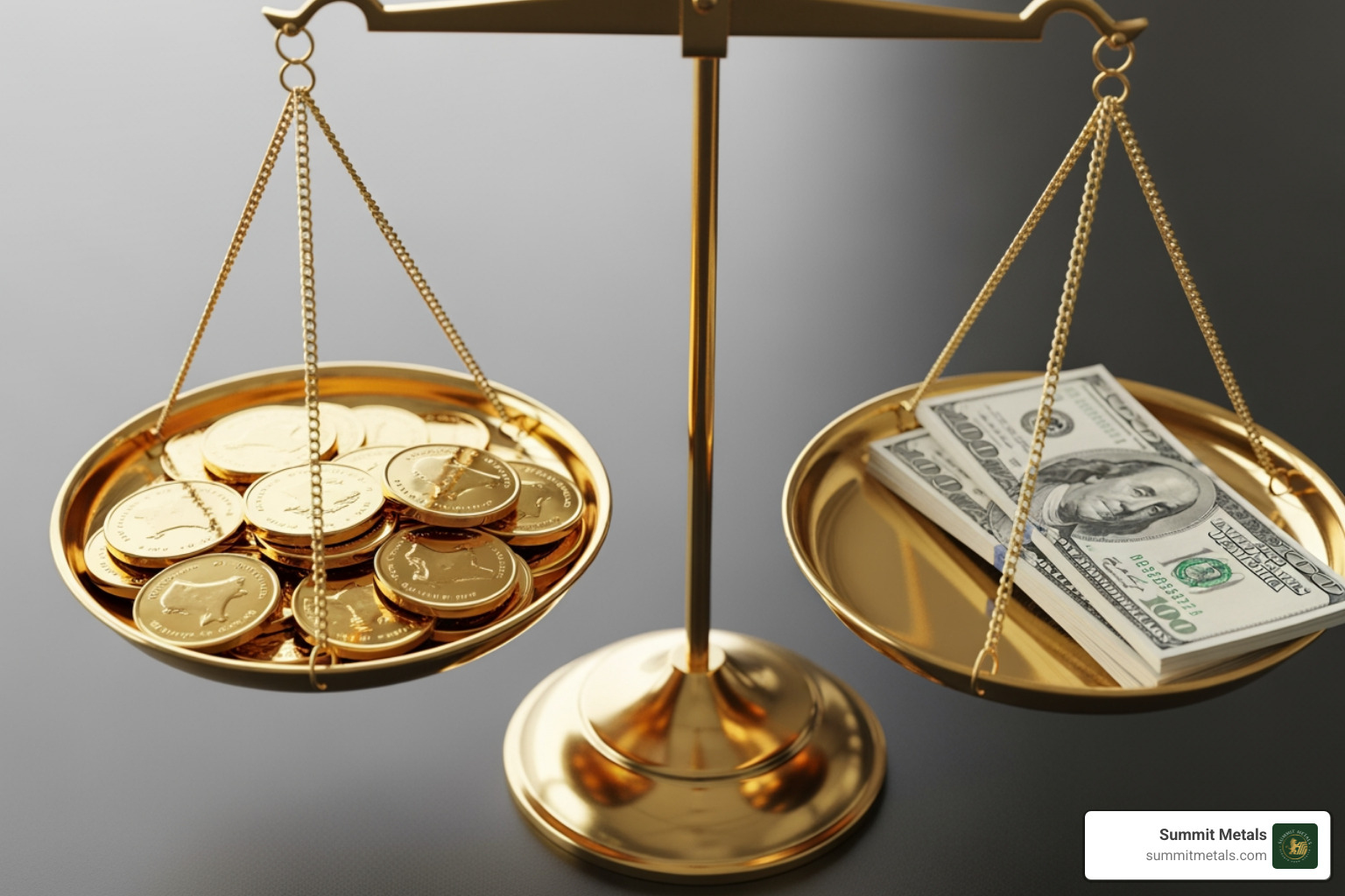 A balanced scale with gold coins on one side and paper currency on the other - advantages and disadvantages of gold