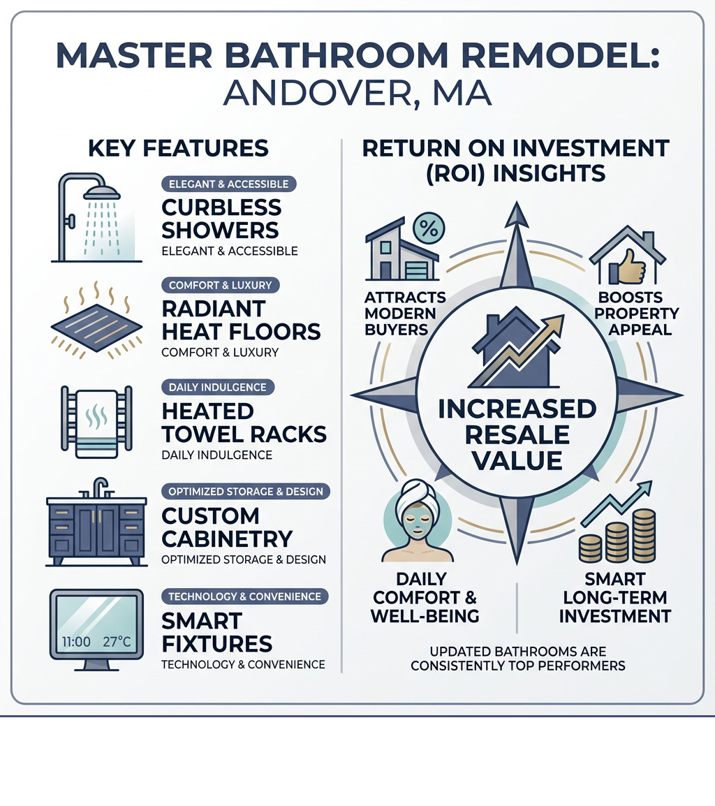 Infographic showing ROI and key features of a master bathroom remodel in Andover MA - Master bathroom remodel Andover Infographic showing ROI and key features of a master bathroom remodel in Andover MA - Master bathroom remodel Andover