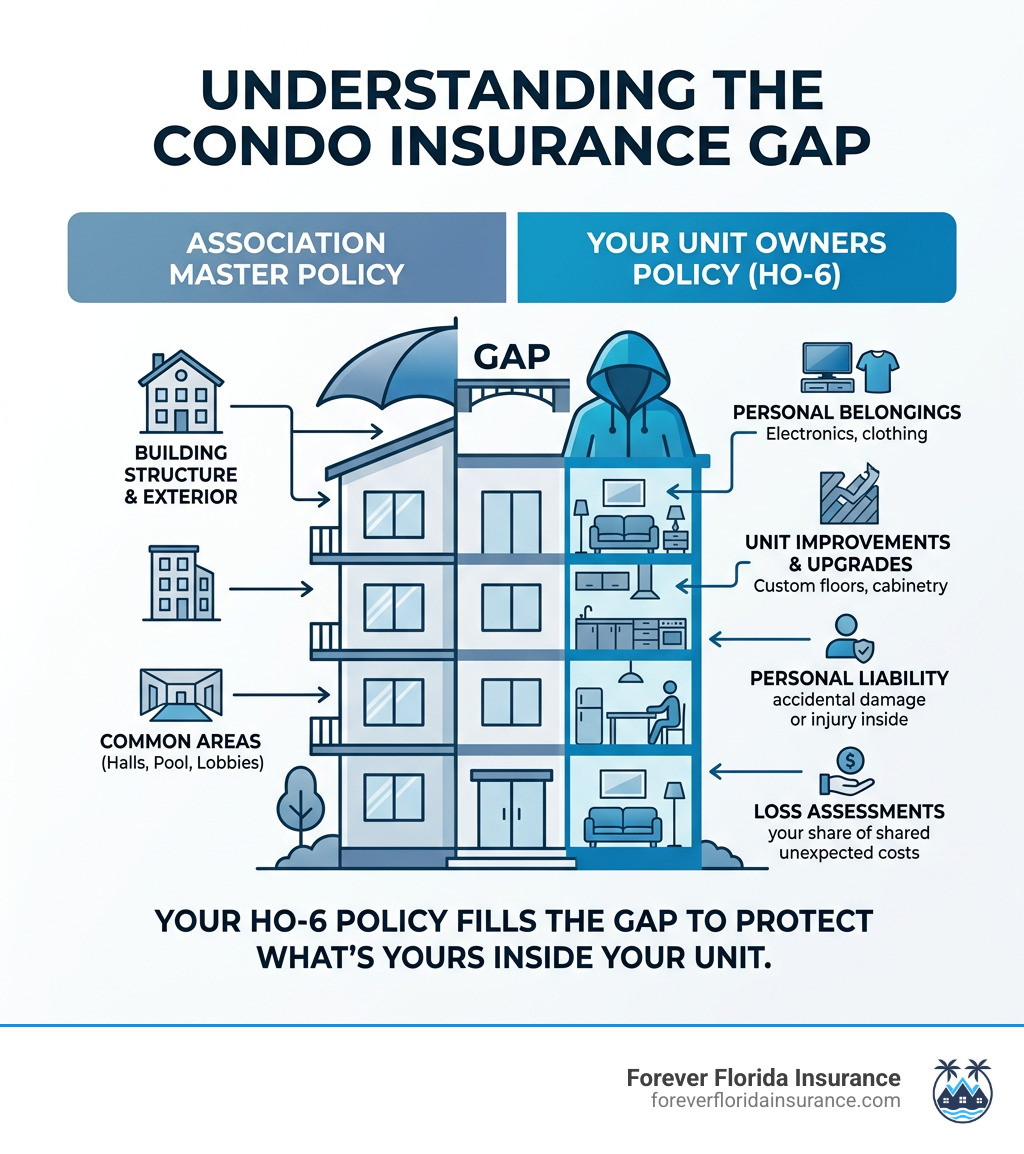 Infographic showing the insurance gap between condo master policy and HO-6 unit owner coverage areas - condominium unit Infographic showing the insurance gap between condo master policy and HO-6 unit owner coverage areas - condominium unit