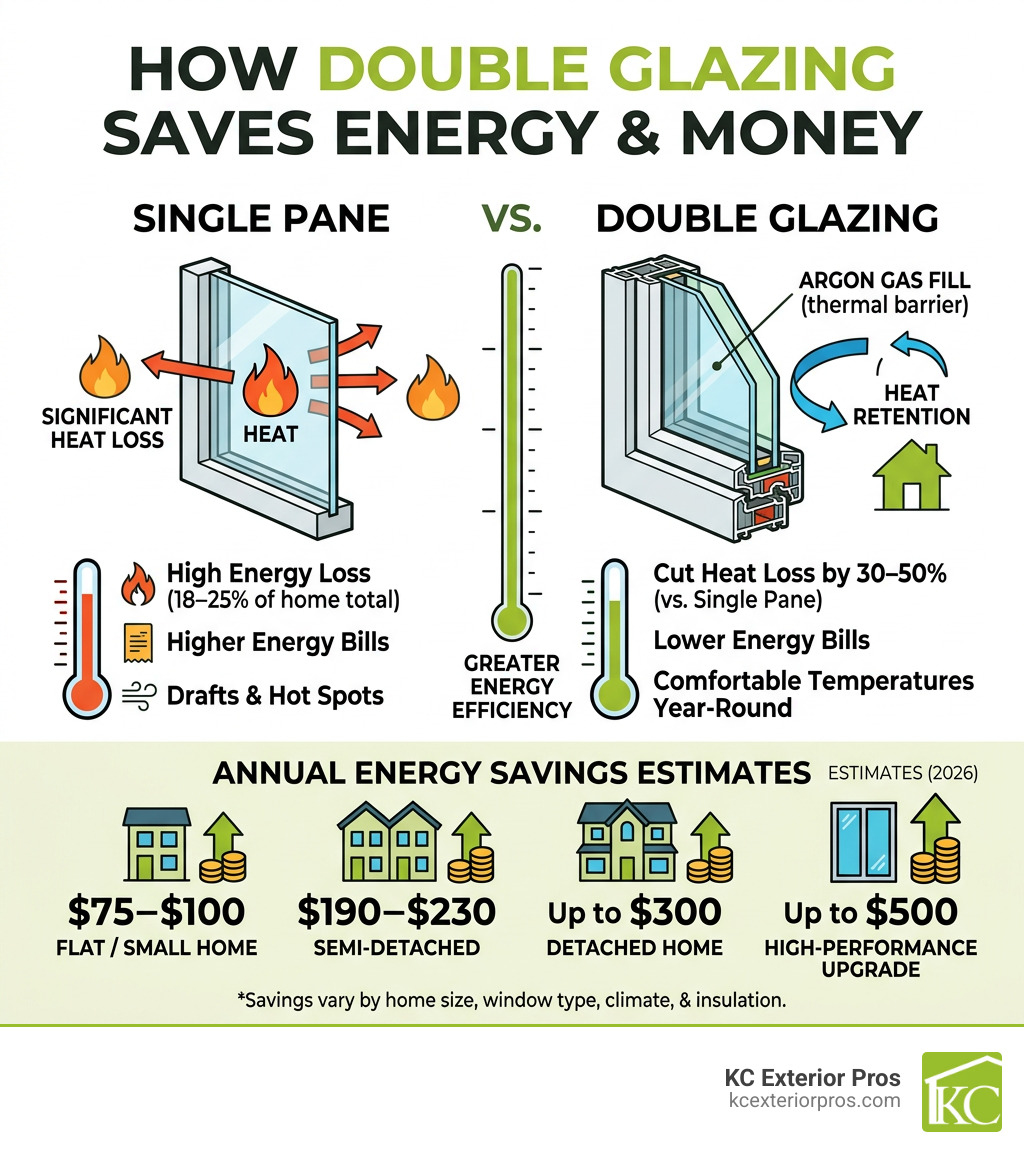 Infographic showing how double glazing reduces heat transfer compared to single pane windows with annual savings estimates