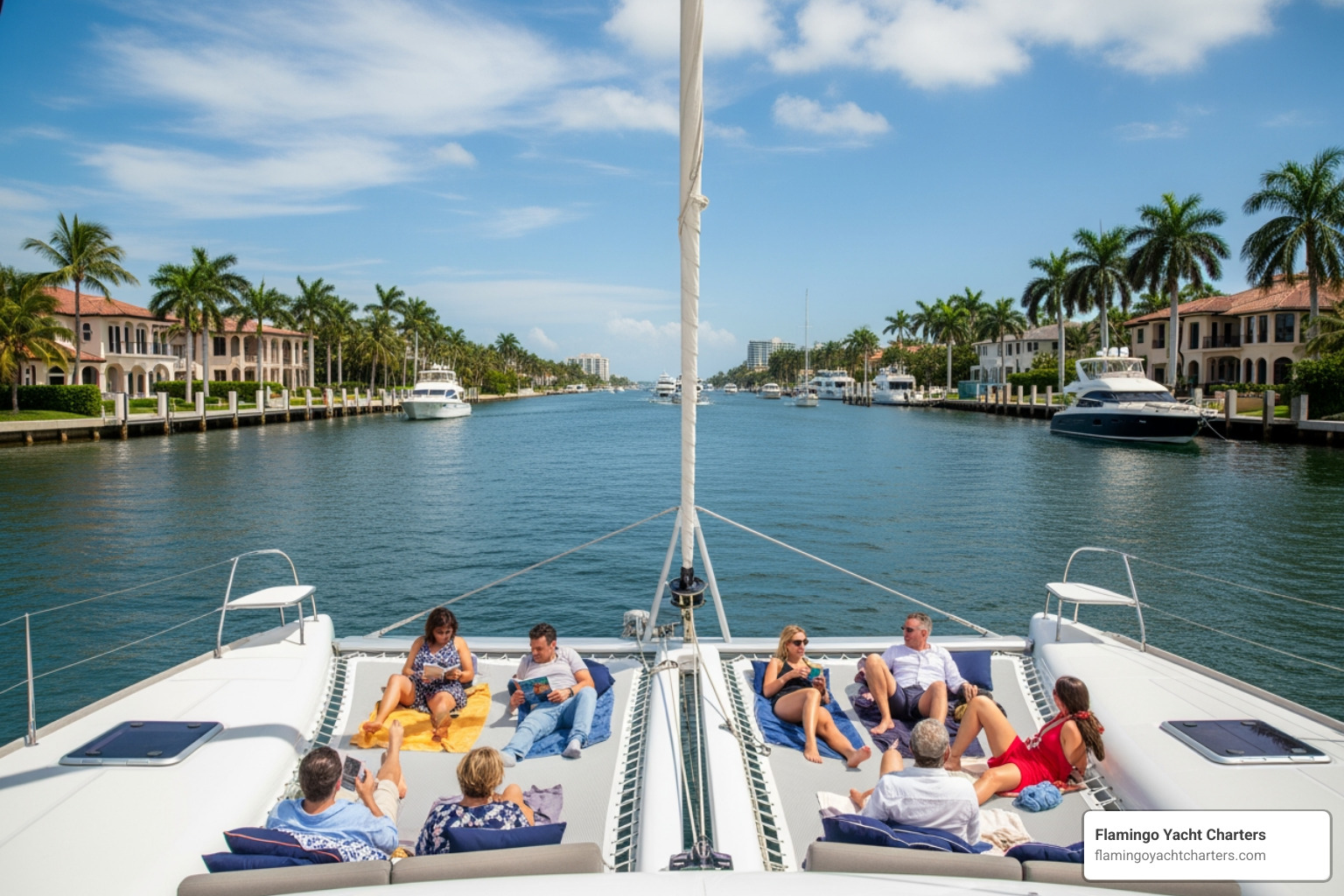 Guests relaxing on the forward trampolines of a luxury catamaran in Fort Lauderdale - catamaran fort lauderdale Guests relaxing on the forward trampolines of a luxury catamaran in Fort Lauderdale - catamaran fort lauderdale