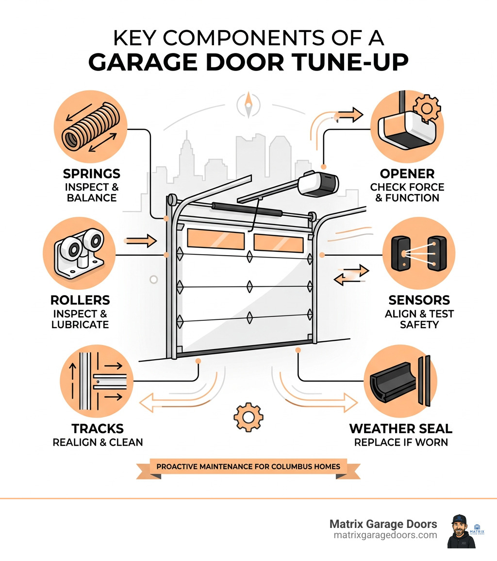 Infographic showing garage door tune-up components: springs, rollers, tracks, sensors, weather seal, and opener - garage Infographic showing garage door tune-up components: springs, rollers, tracks, sensors, weather seal, and opener - garage