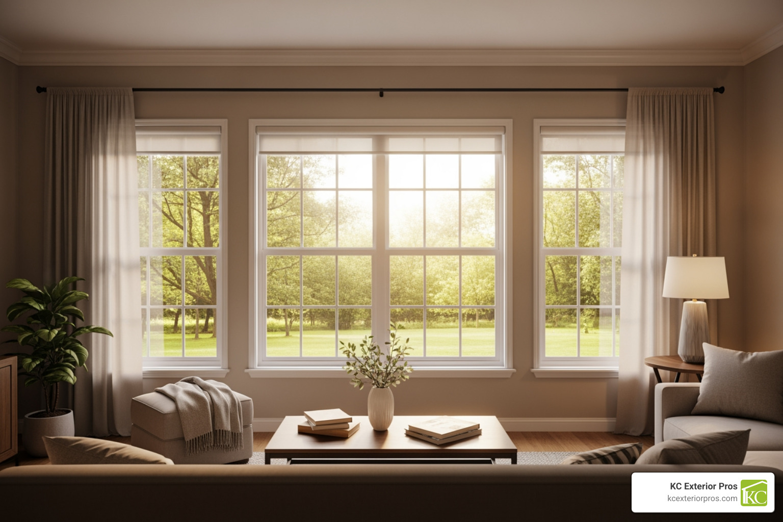 A quiet, comfortable living room with large energy-efficient windows looking out onto a suburban backyard - double glazing