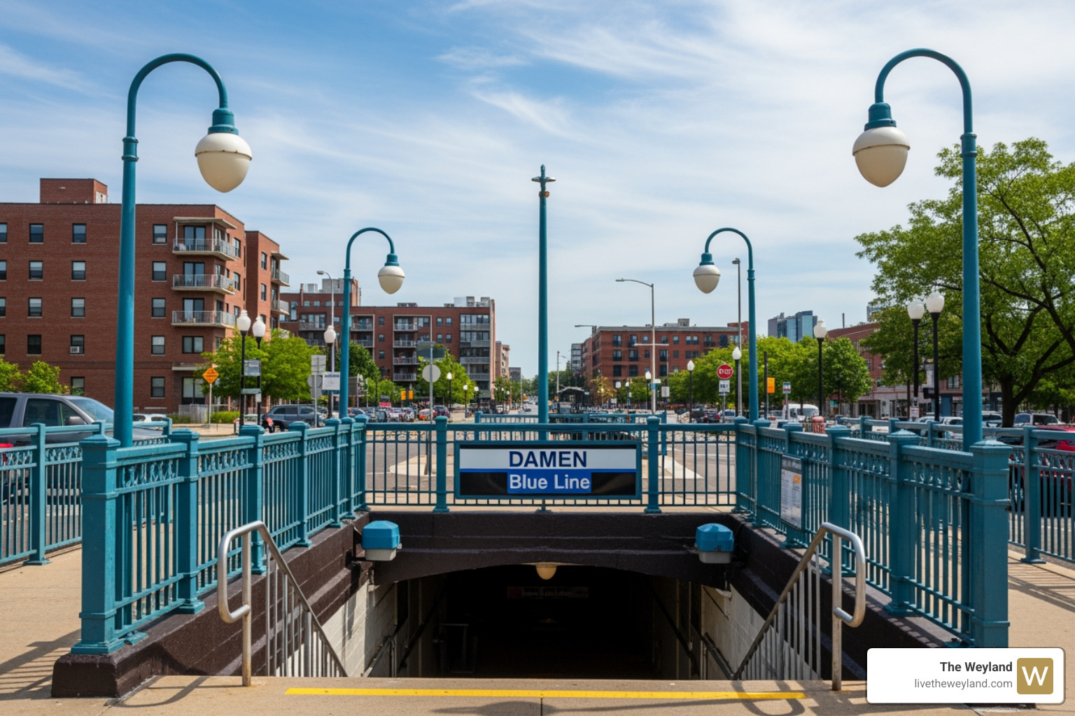 Historic Damen Blue Line station entrance in Wicker Park showing vintage architecture - Blue Line Wicker Park Historic Damen Blue Line station entrance in Wicker Park showing vintage architecture - Blue Line Wicker Park
