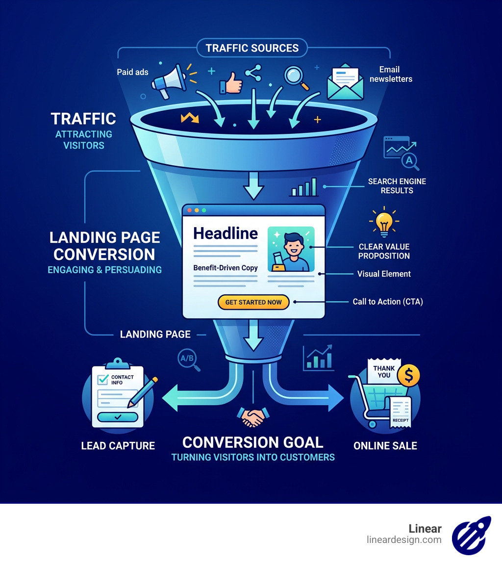 Landing page conversion funnel infographic: Traffic → Landing Page → Lead or Sale, showing key elements at each stage - high