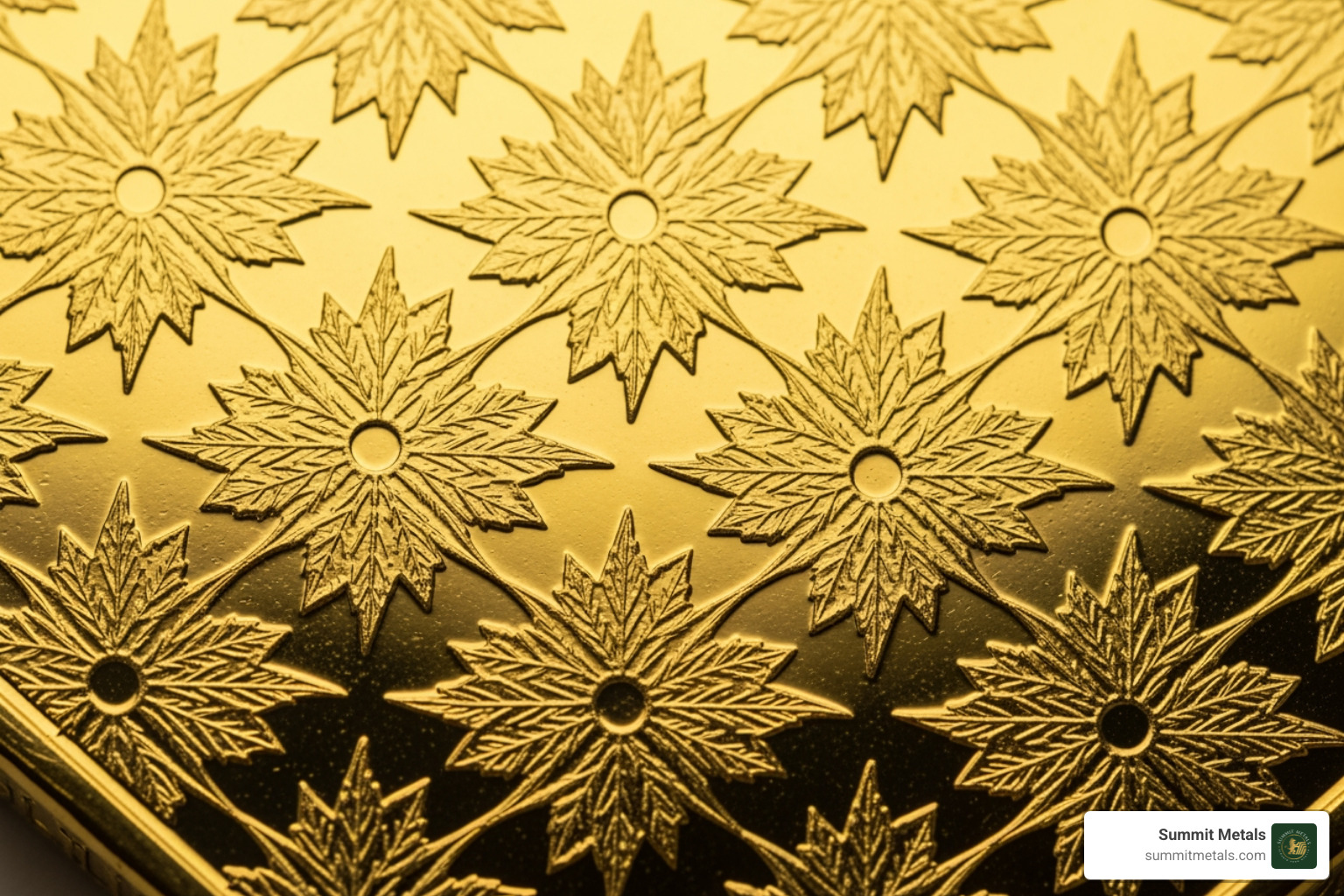 Royal Canadian Mint gold bar reverse design showing repeating maple leaf pattern - canadian maple gold bar