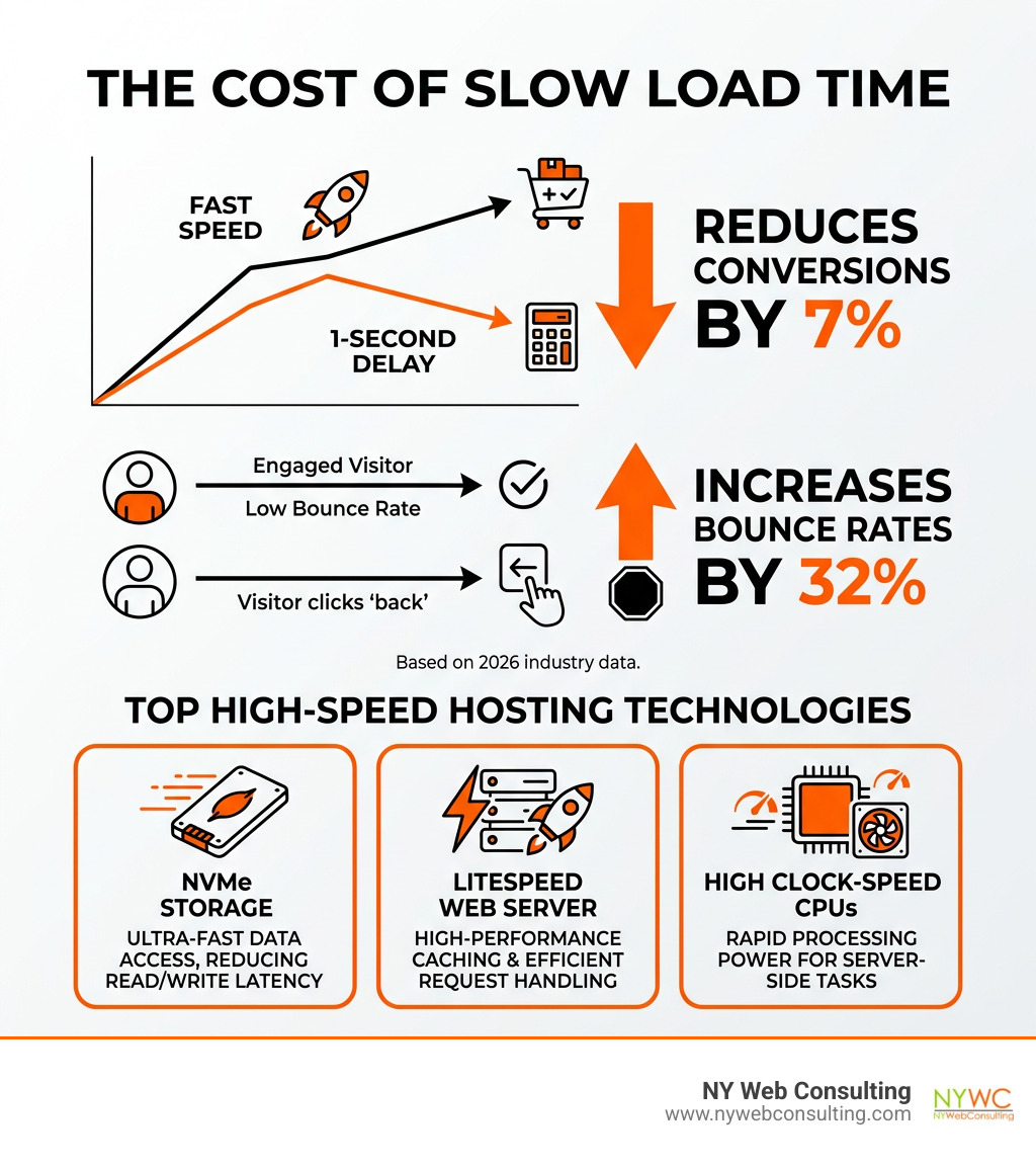 Infographic showing how a 1-second page load delay reduces conversions by 7% and increases bounce rates by 32%, with top Infographic showing how a 1-second page load delay reduces conversions by 7% and increases bounce rates by 32%, with top