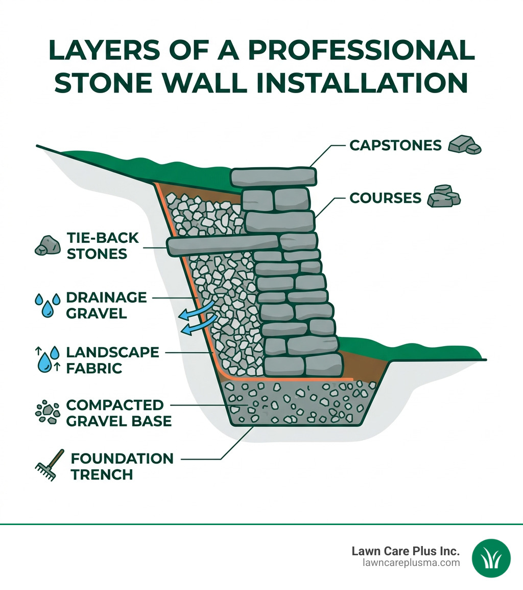 Infographic showing layers of a professional stone wall installation: capstones, courses, tie-back stones, drainage gravel
