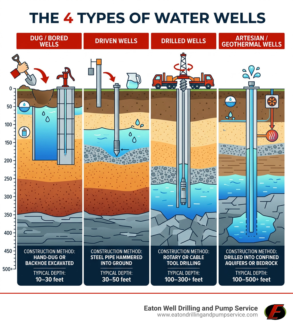 Infographic showing 4 types of water wells with depth ranges and construction methods - how many types of wells are there