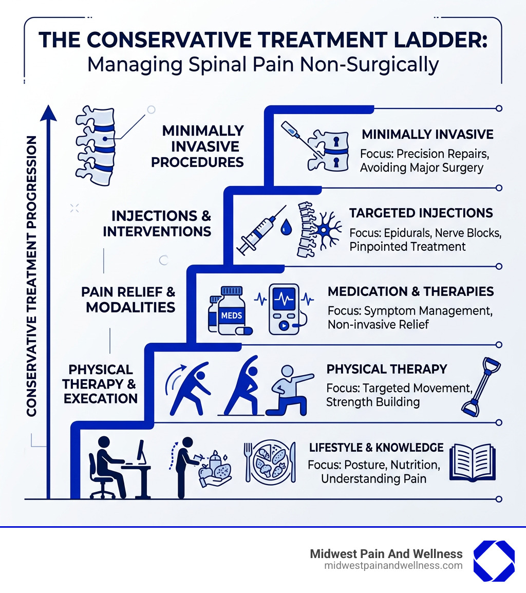 Conservative treatment ladder infographic from lifestyle changes to injections to minimally invasive procedures - What is Conservative treatment ladder infographic from lifestyle changes to injections to minimally invasive procedures - What is