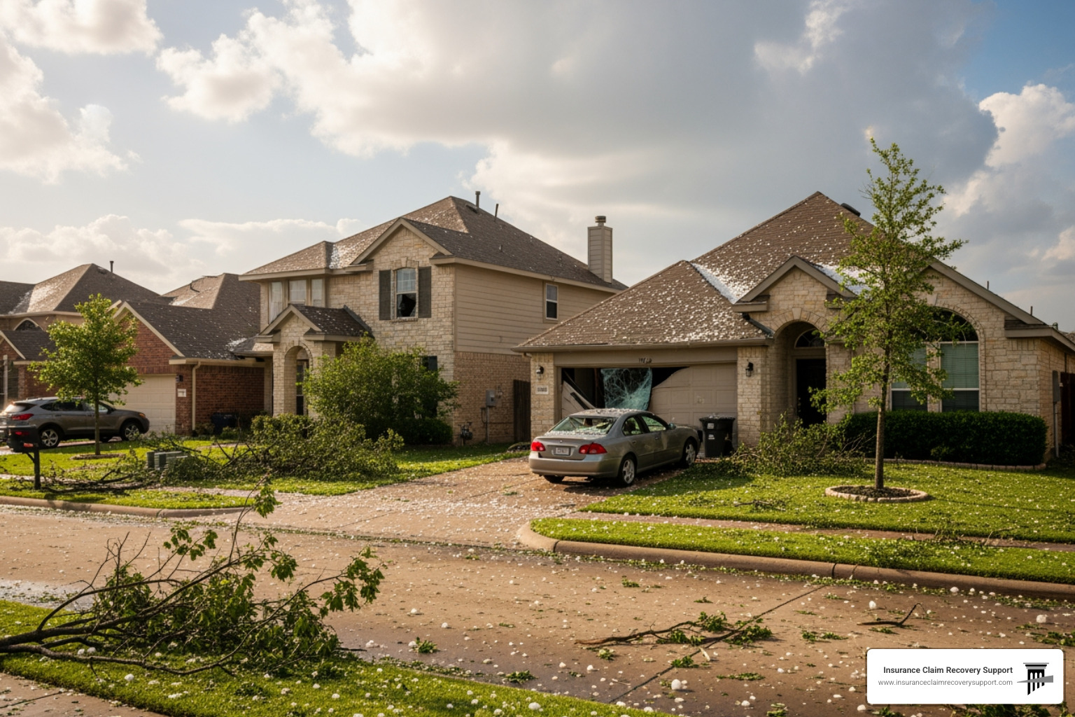 Hail-damaged residential neighborhood in Texas with debris, broken windows, and fallen branches, illustrating the impact of severe weather on property owners seeking insurance claim recovery support.