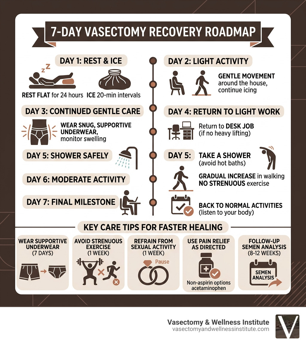 7-day vasectomy recovery roadmap infographic with daily activity milestones and care tips - how to speed up vasectomy