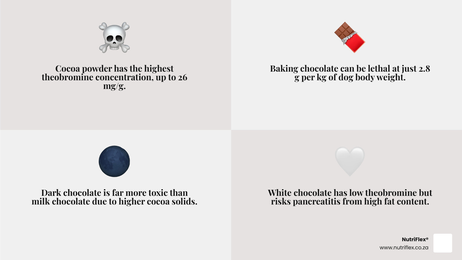 Infographic Showing Chocolate Toxicity Levels By Type, From Cocoa Powder To White Chocolate - Chocolate Ok For Dogs