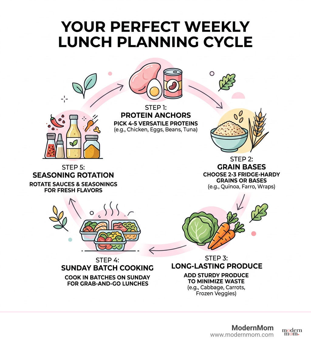 5-step weekly lunch planning cycle infographic showing proteins, grains, produce, batch cooking, and seasoning rotation