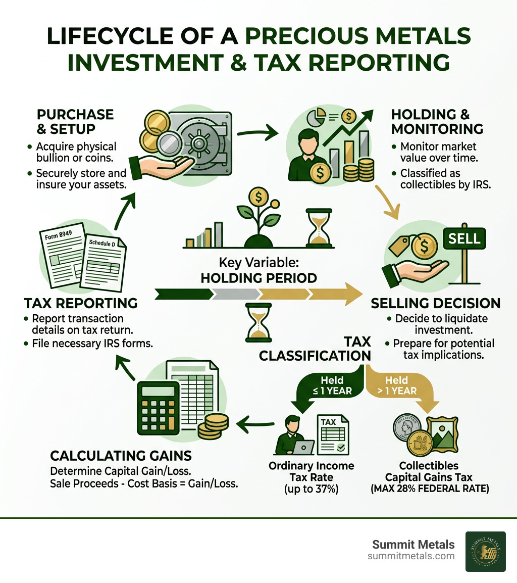 Lifecycle of a precious metals investment from purchase to tax reporting infographic - selling precious metals taxes