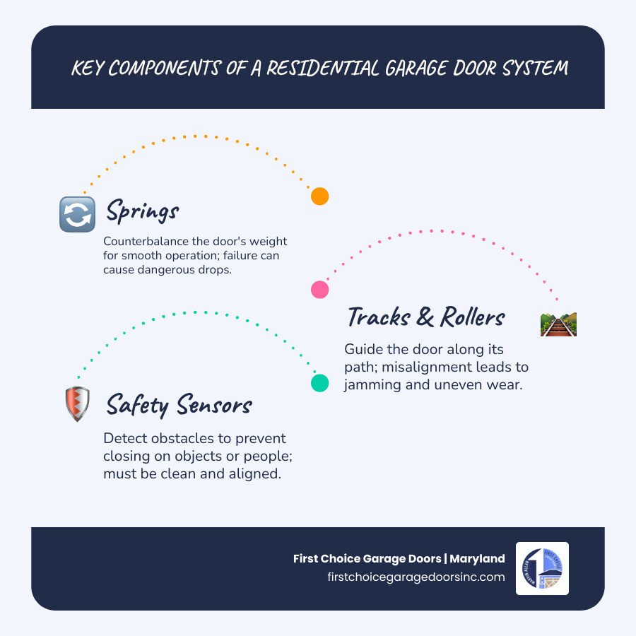 Infographic showing components of a residential garage door system and key services available in Annapolis MD - residential Infographic showing components of a residential garage door system and key services available in Annapolis MD - residential