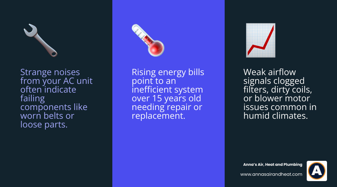 Infographic showing signs you need AC repair vs replacement, system lifespan, and maintenance tips for Palm Bay FL Infographic showing signs you need AC repair vs replacement, system lifespan, and maintenance tips for Palm Bay FL
