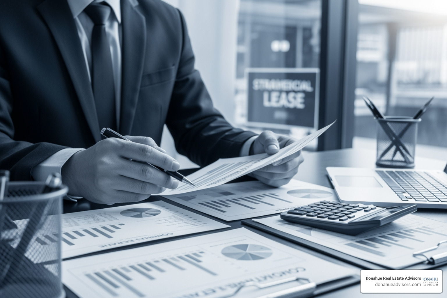 Strategic financial review of lease documents in blue and grey tones - Operating expense audit leases