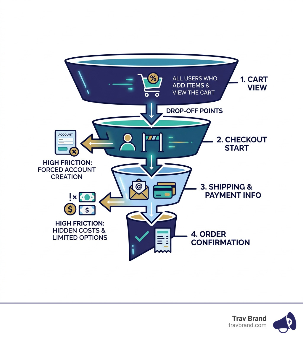 E-commerce checkout funnel showing drop-off points from cart to order confirmation - checkout page optimization infographic E-commerce checkout funnel showing drop-off points from cart to order confirmation - checkout page optimization infographic