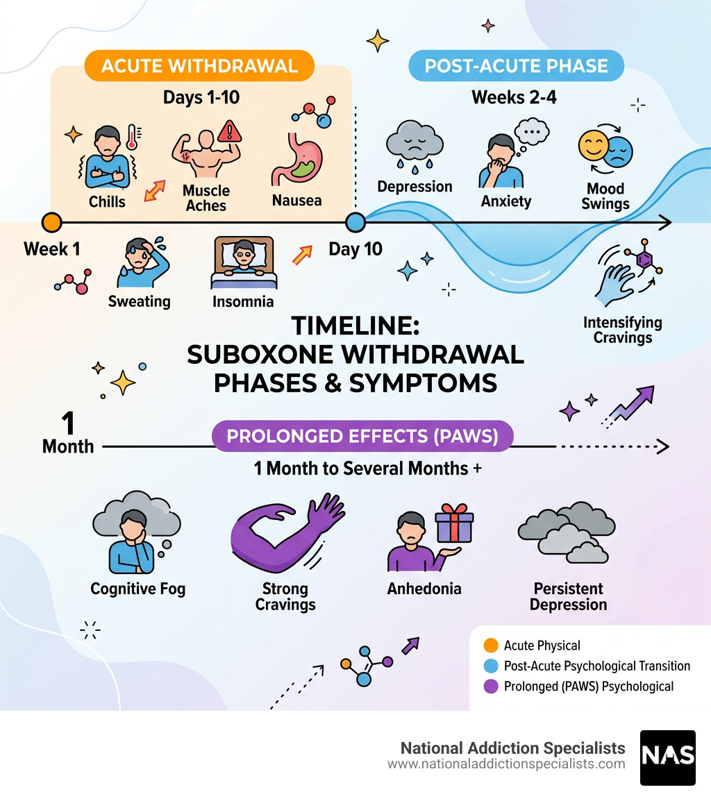 Timeline infographic showing acute vs. long-term Suboxone withdrawal phases and symptoms by week - long term effects of
