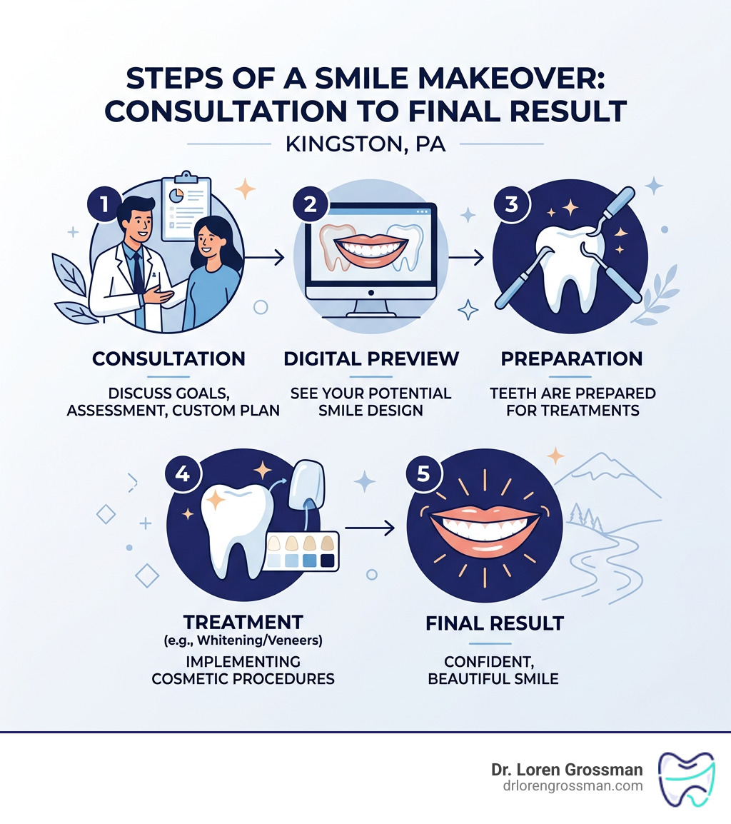 Steps of a smile makeover from consultation to final result in Kingston PA - cosmetic dentist kingston pa infographic 
