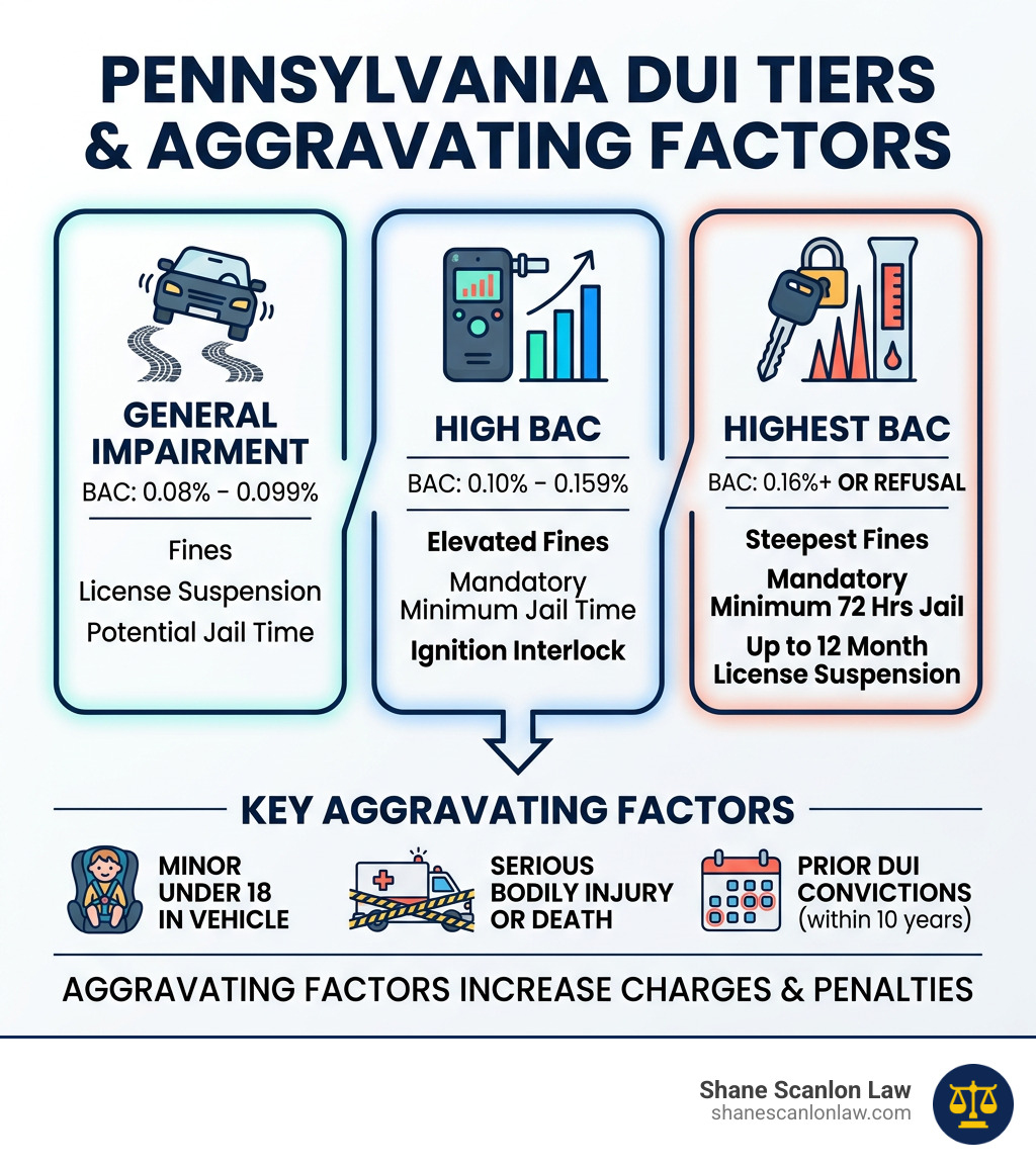 Pennsylvania DUI tiers infographic: General Impairment 0.08–0.099%, High BAC 0.10–0.159%, Highest BAC 0.16%+, with Pennsylvania DUI tiers infographic: General Impairment 0.08–0.099%, High BAC 0.10–0.159%, Highest BAC 0.16%+, with