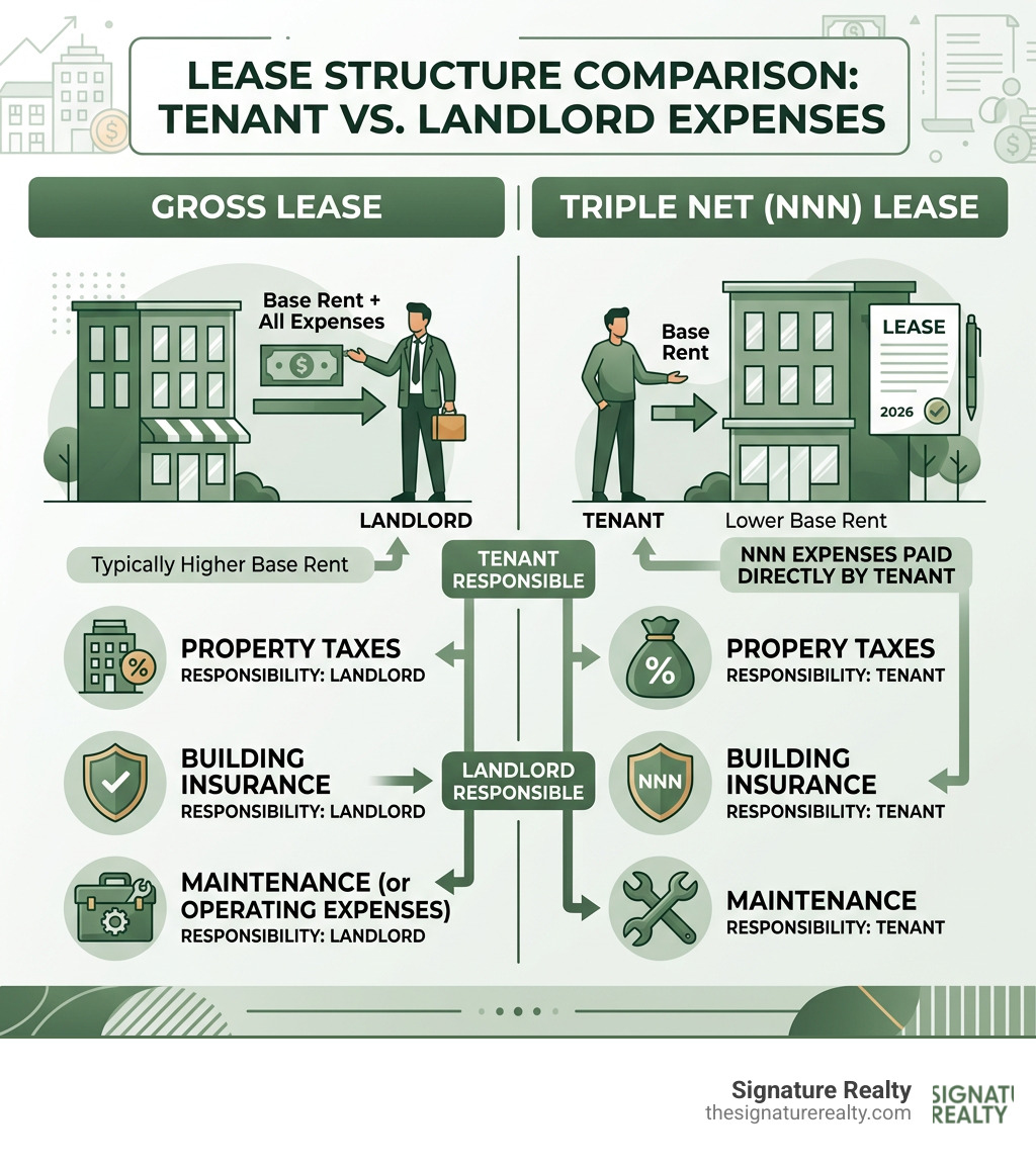 NNN lease structure compared to gross lease, showing tenant vs landlord expense responsibilities - triple net deals NNN lease structure compared to gross lease, showing tenant vs landlord expense responsibilities - triple net deals