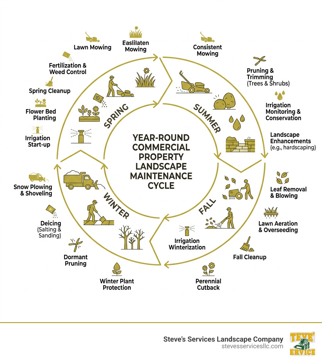 Year-round commercial property landscape maintenance cycle infographic - commercial property landscape maintenance