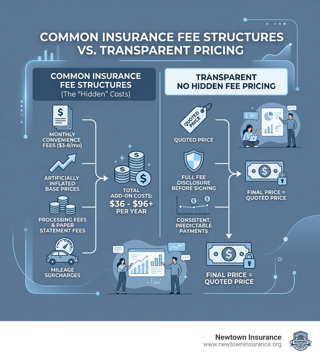 Infographic showing common insurance fee structures and how transparent pricing compares - no hidden fee insurance Infographic showing common insurance fee structures and how transparent pricing compares - no hidden fee insurance