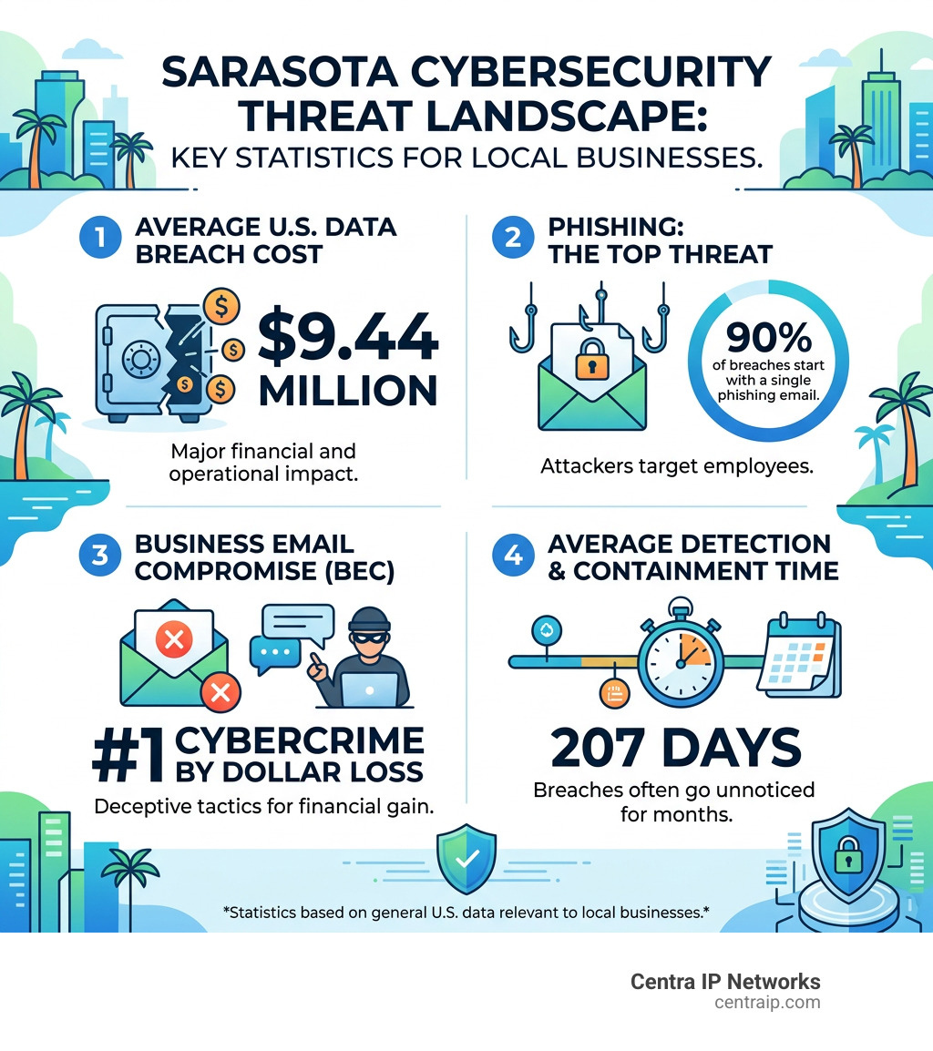Sarasota cybersecurity threat statistics infographic showing breach costs, phishing rates, and response times for local Sarasota cybersecurity threat statistics infographic showing breach costs, phishing rates, and response times for local