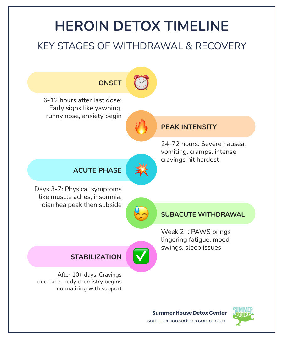 Heroin detox timeline from onset to recovery stages infographic - heroin detox program infographic