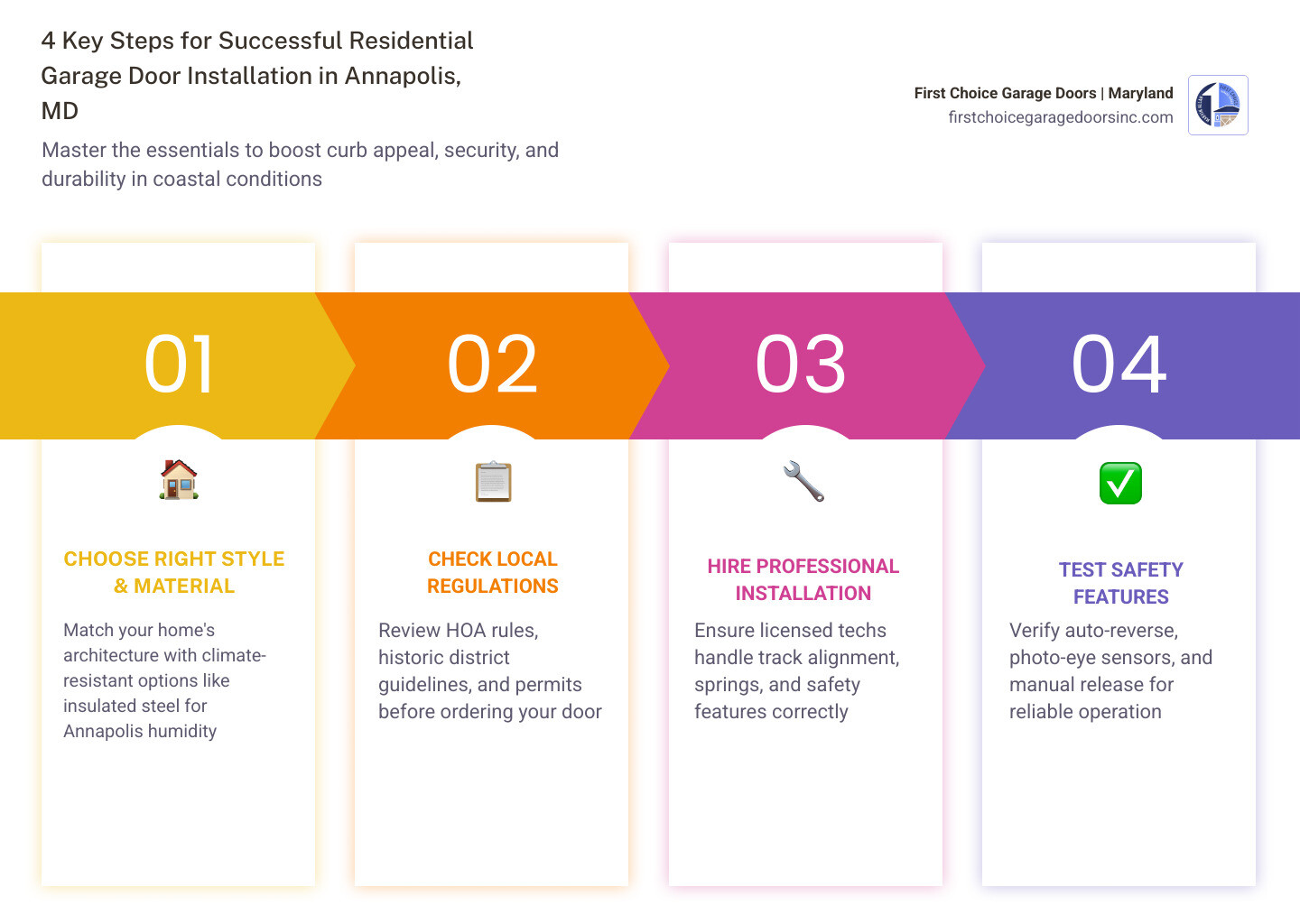 Step-by-step infographic of the residential garage door replacement process in Annapolis MD - residential garage door