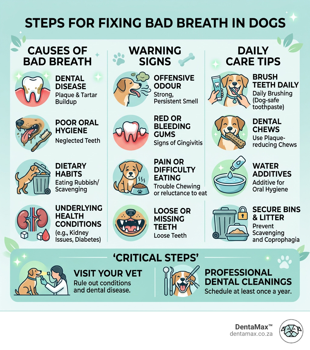 Steps for fixing bad breath in dogs infographic showing causes, warning signs and daily care tips - fixing bad breath in
