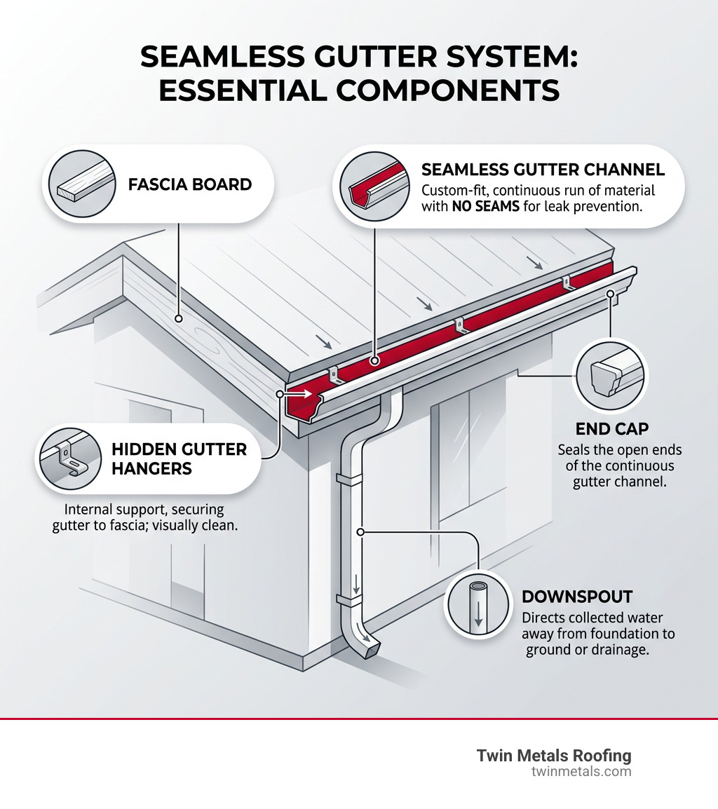 Infographic showing components of a seamless gutter system including fascia, hangers, gutter channel, end caps, and Seamless gutter system diagram highlighting essential components: fascia board, seamless gutter channel, hidden gutter hangers, end cap, and downspout, emphasizing custom-fit design for leak prevention.
