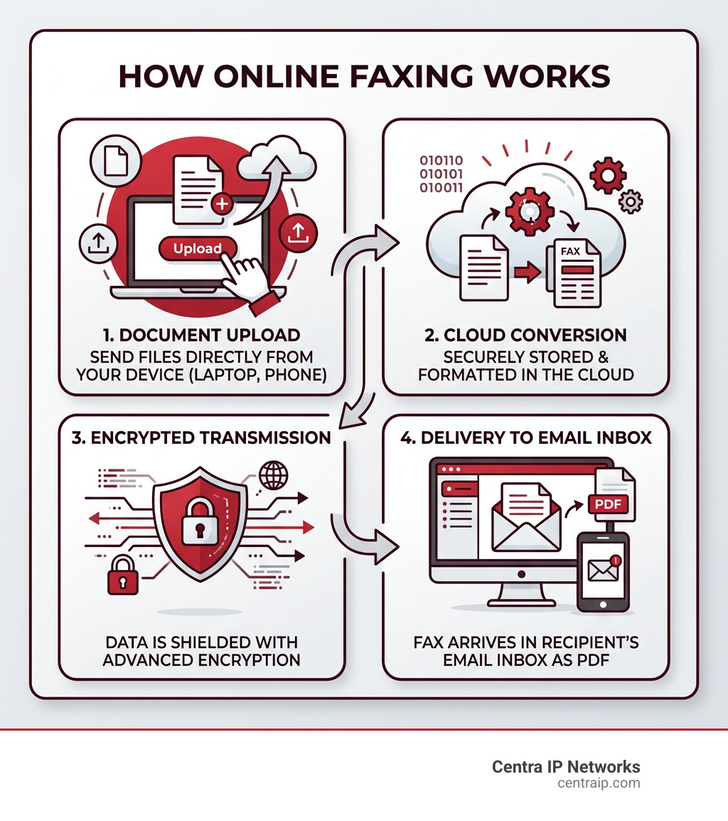 Infographic showing how online faxing works: document upload, cloud conversion, encrypted transmission, delivery to email Infographic showing how online faxing works: document upload, cloud conversion, encrypted transmission, delivery to email