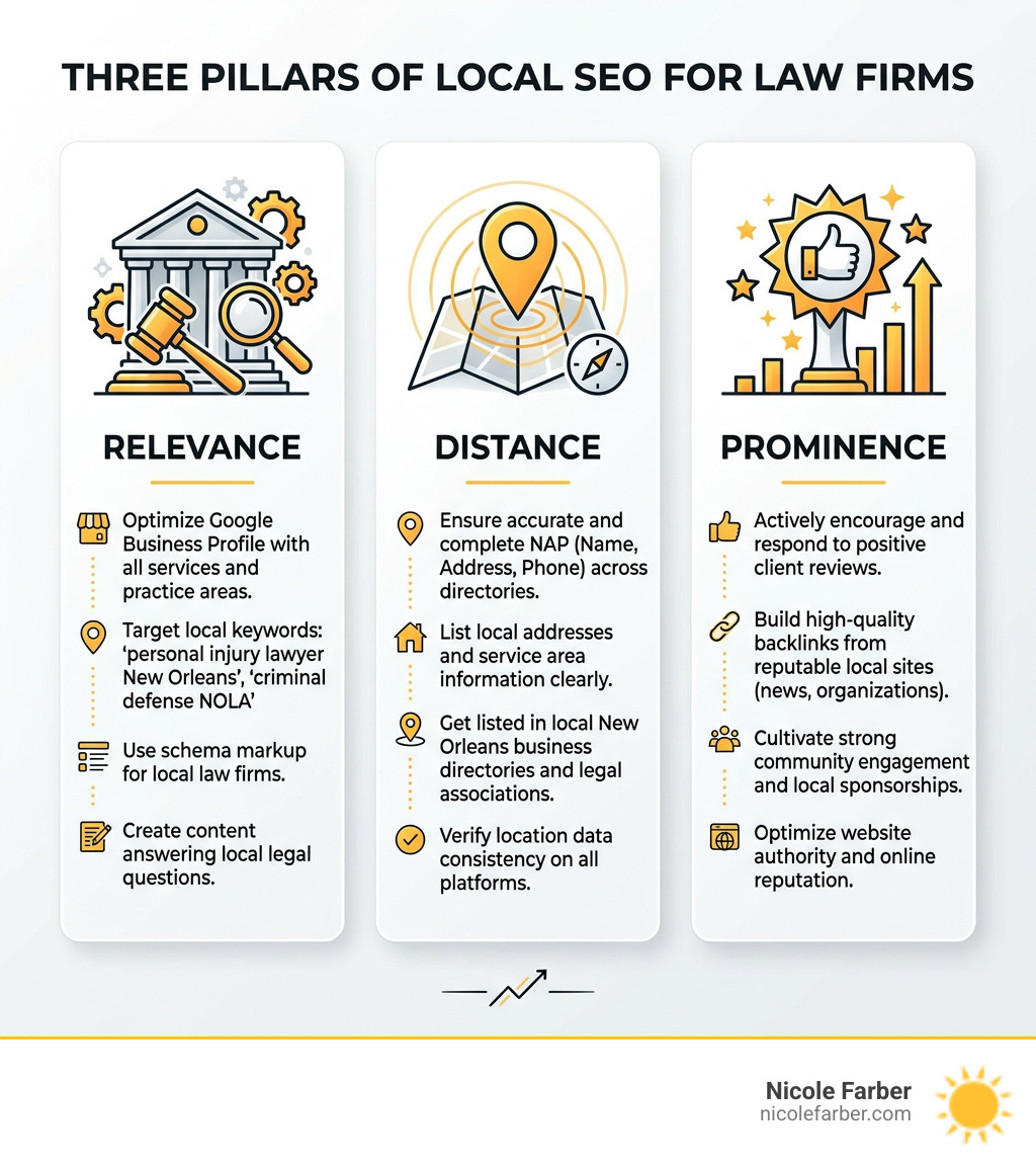 Three pillars of local SEO for law firms: Relevance, Distance, and Prominence with actionable tips for each - law firm SEO Three pillars of local SEO for law firms: Relevance, Distance, and Prominence with actionable tips for each - law firm SEO