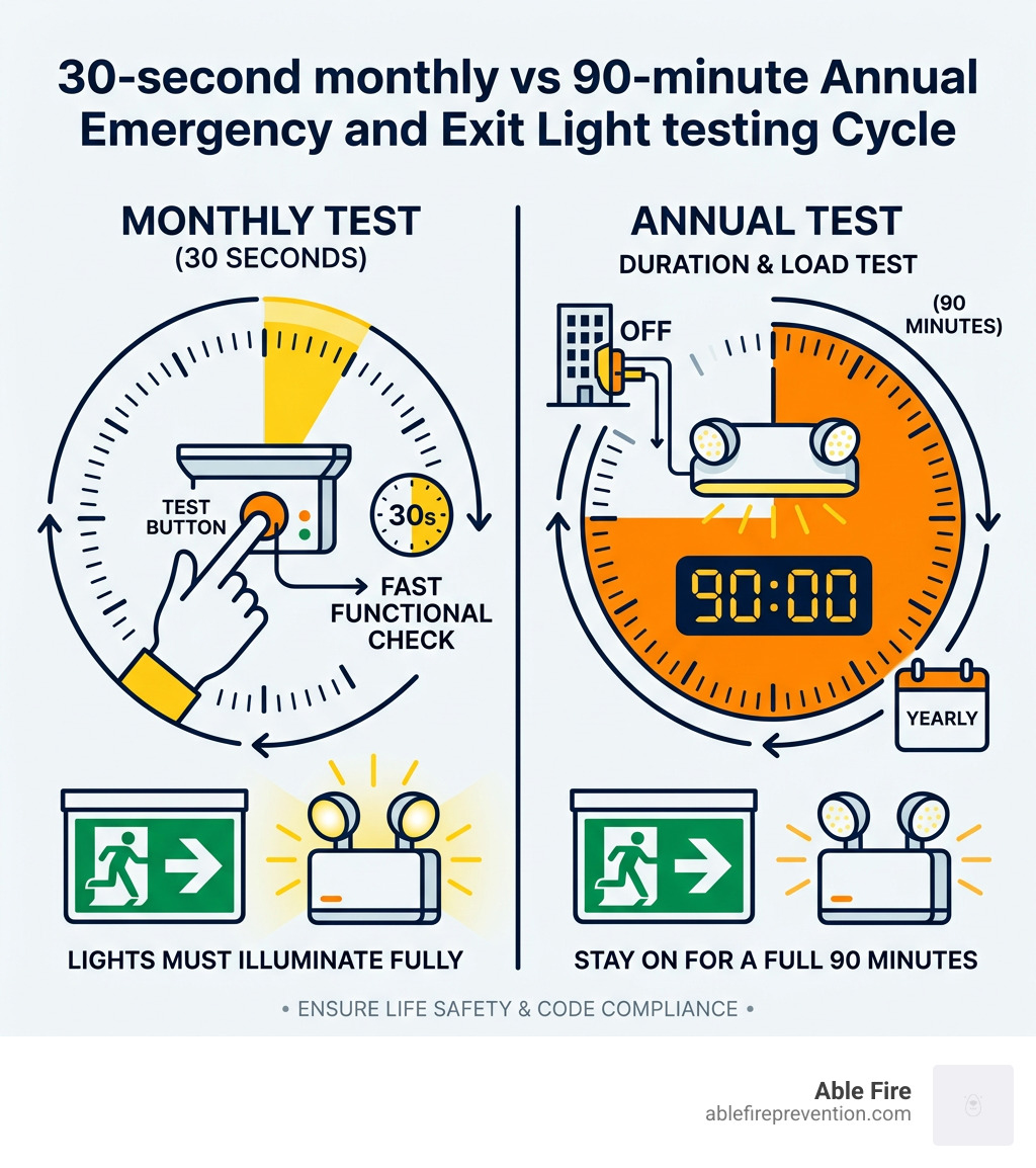 30-second monthly vs 90-minute annual emergency and exit light testing cycle infographic - emergency and exit light testing 30-second monthly vs 90-minute annual emergency and exit light testing cycle infographic - emergency and exit light testing