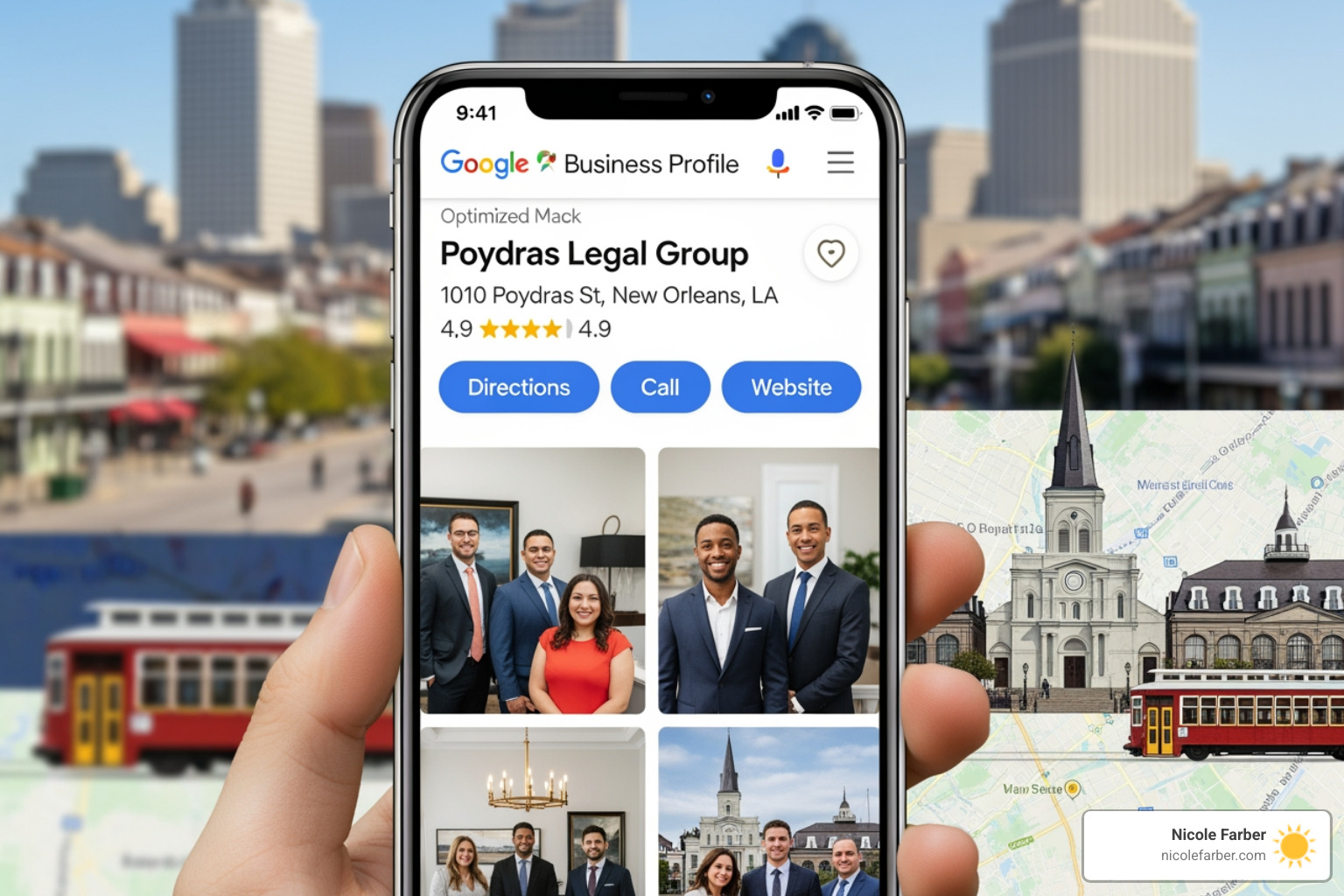 An optimized Google Business Profile for a New Orleans law firm shown on a smartphone screen - law firm SEO New Orleans An optimized Google Business Profile for a New Orleans law firm shown on a smartphone screen - law firm SEO New Orleans