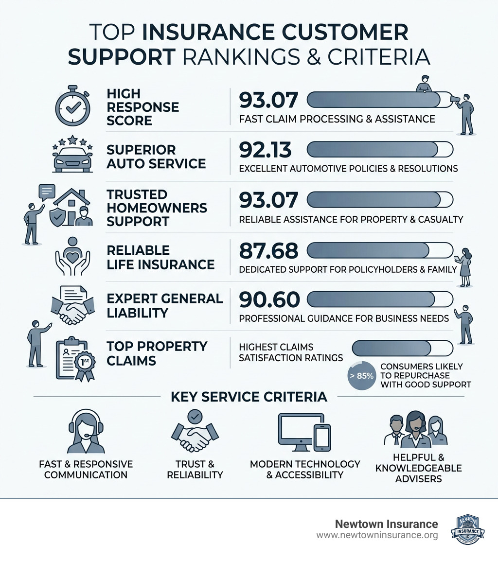 Infographic showing top insurance companies ranked by customer support quality and key service criteria - best insurance