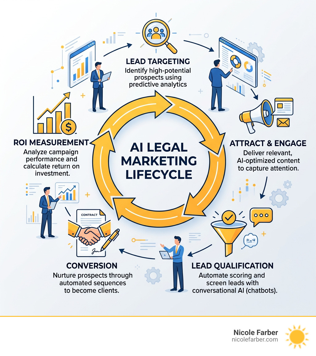 AI legal marketing lifecycle infographic showing steps from lead targeting to conversion and ROI measurement - AI tools for